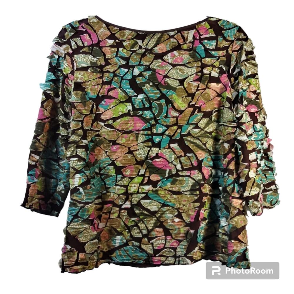 Sno Skins Vintage Y2K Crinkle Blouse Top Brown Blue Pink Artsy Size L